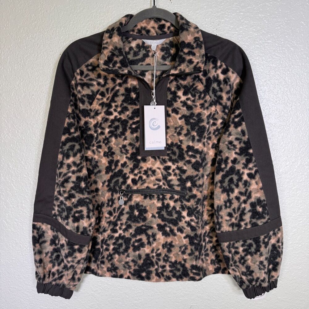 Johnny Was Calme Jacket Womens XS Leopard Fleece Sweater Pullover Half Zip NEW